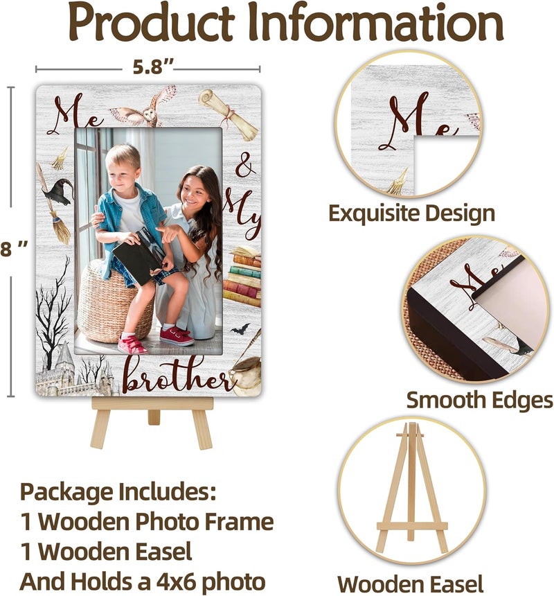 OXRUN Magic School Photo Frame, Me & My Brother Wooden Picture Frame with Easel, 4x6 Photo Insert, Newborn Gifts, Nursery Decor - A02 - Image 2